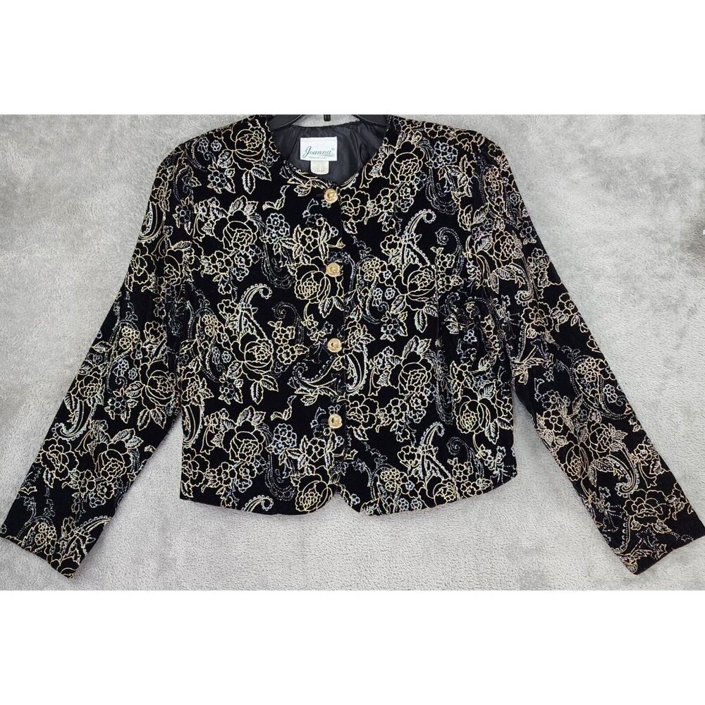Joanna Jacket Womens Large Black Silver Gold Metallic Floral Button Up Vintage